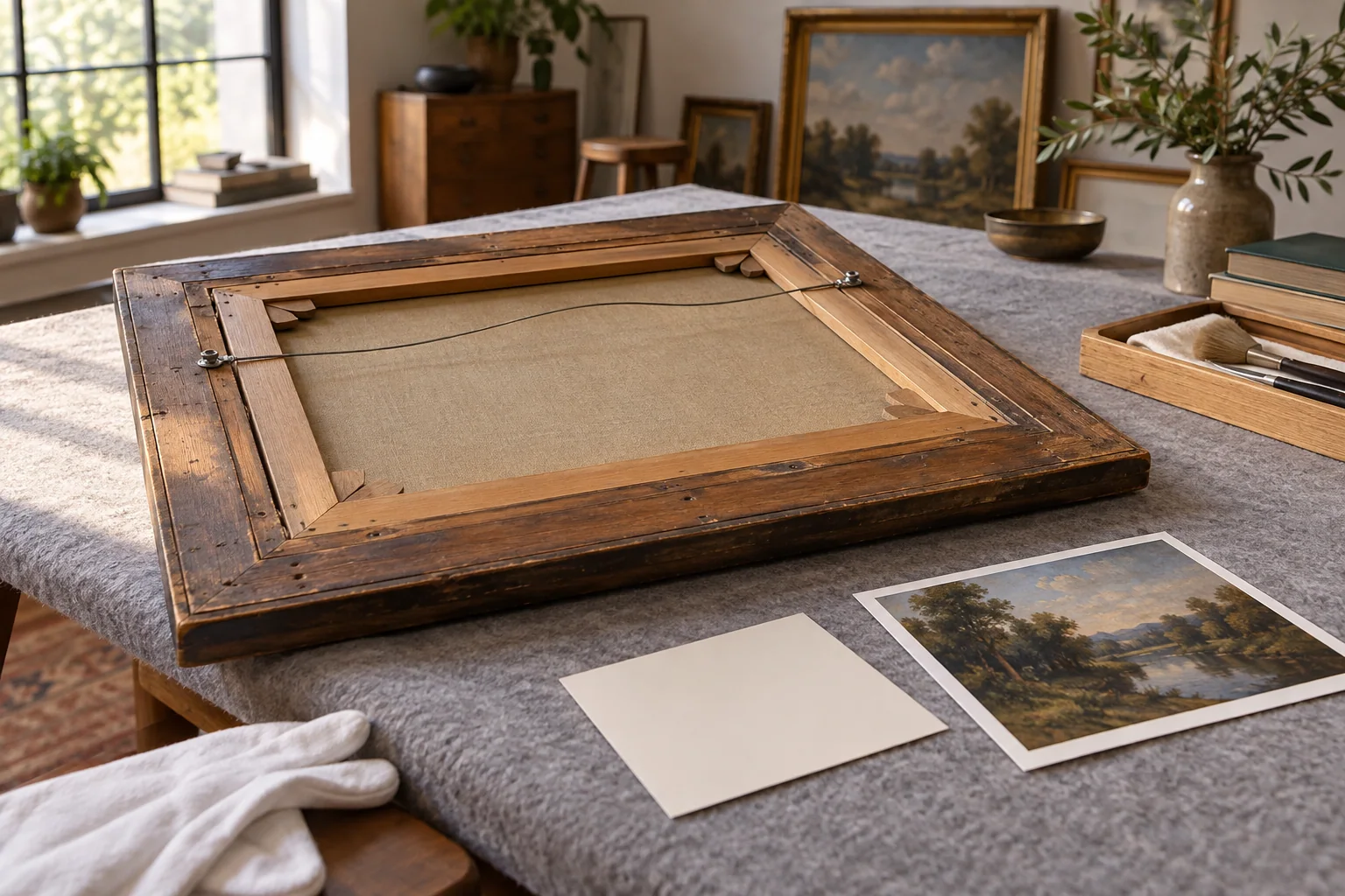 A framed artwork and its care record rest on a padded table