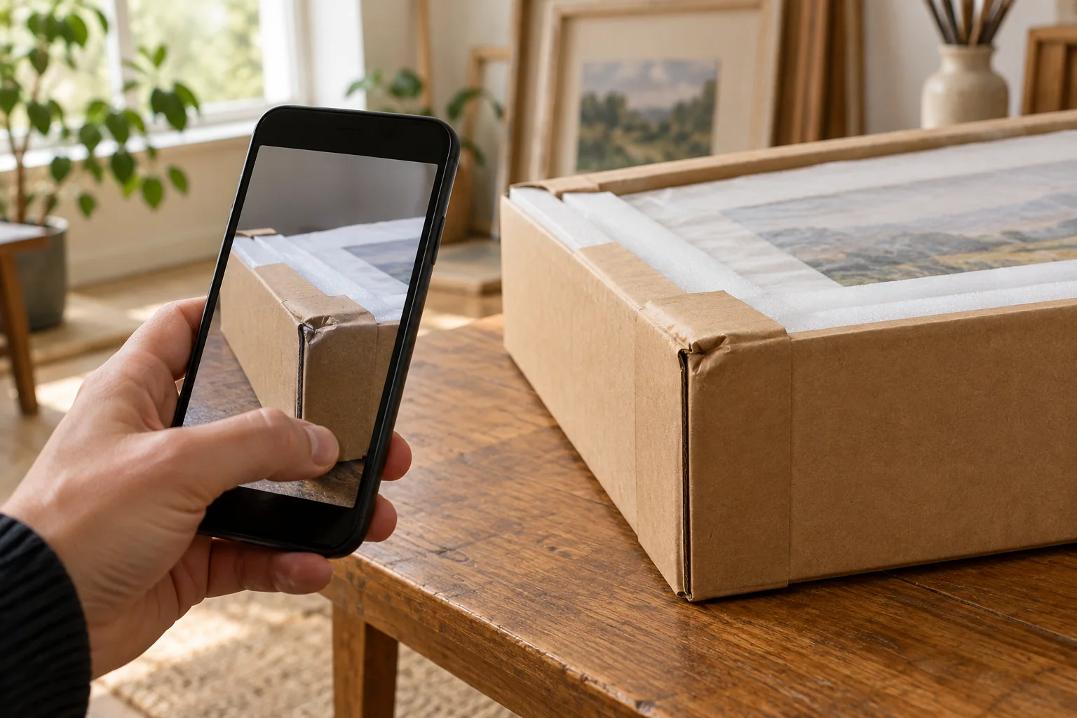 A dented package corner is photographed before opening