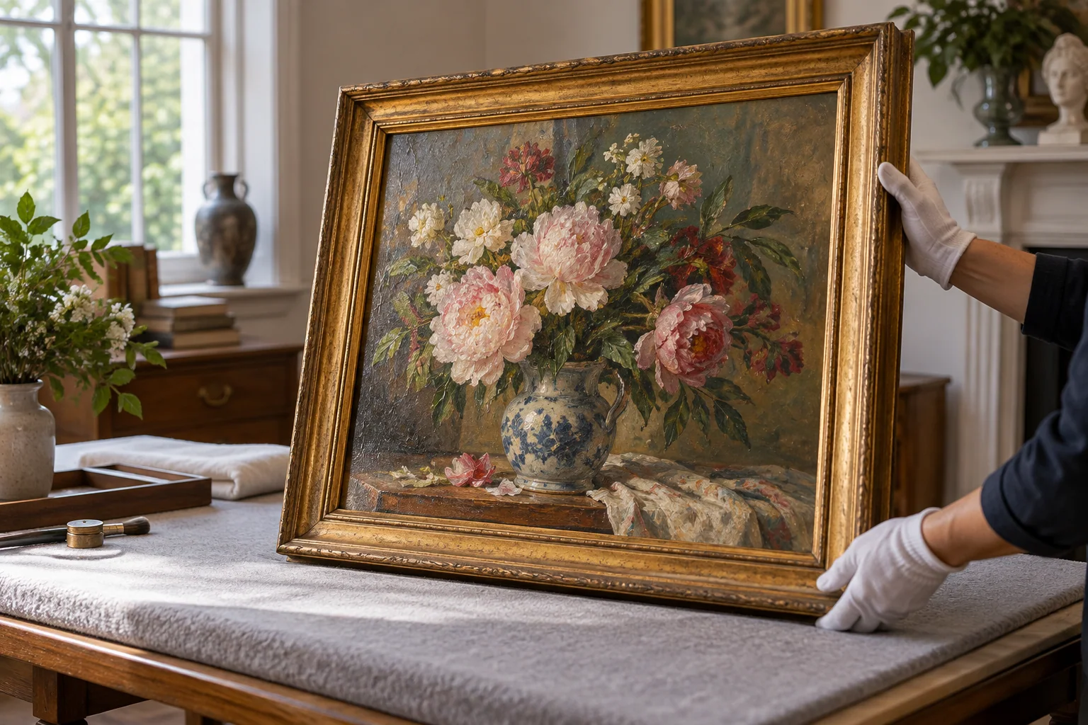 A framed painting rests on a padded inspection table