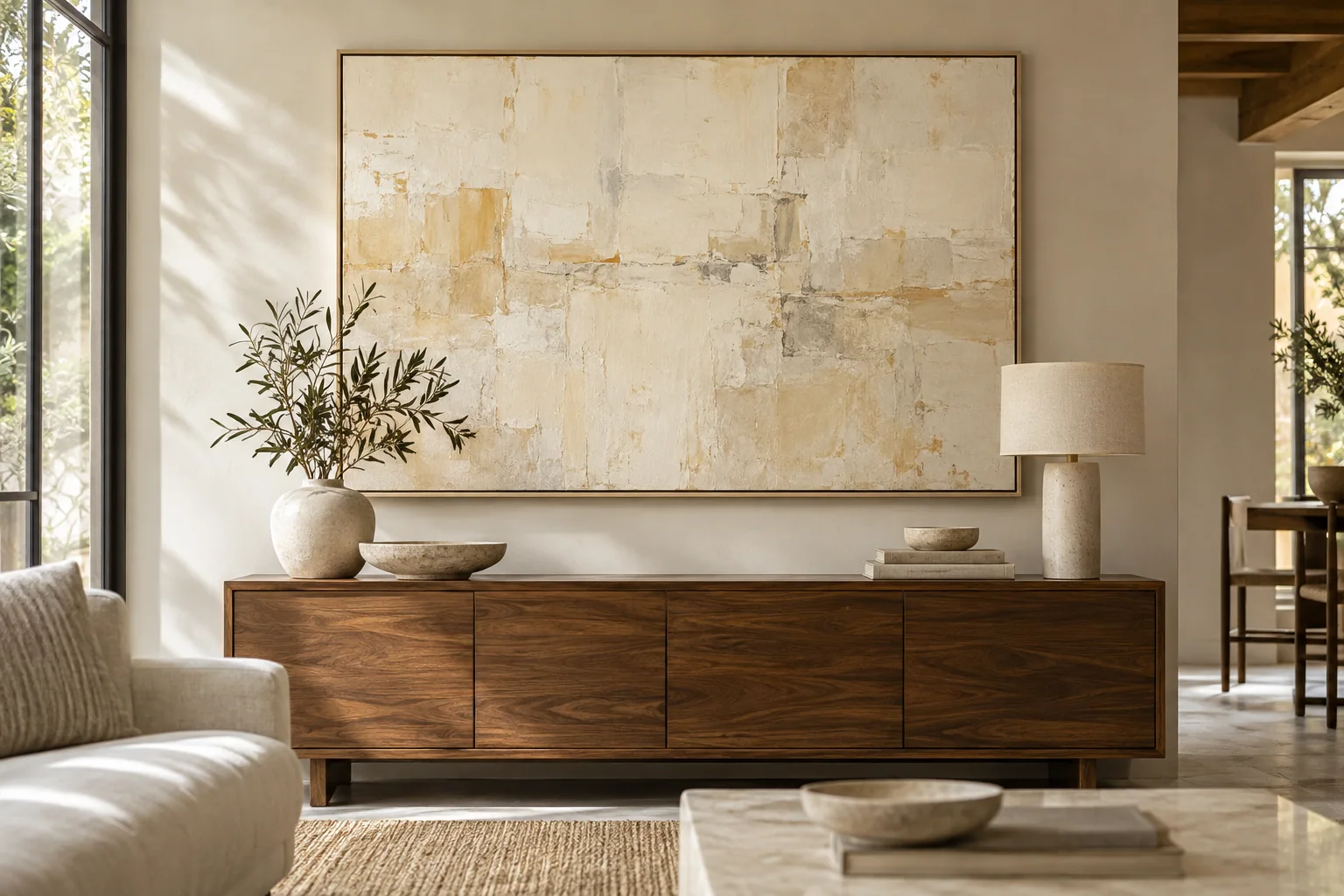 Warm neutral artwork with linen and stone finishes