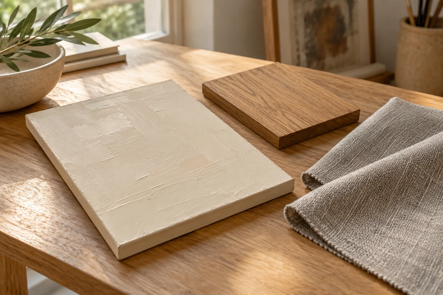 Neutral paint, gray fabric, and oak samples in daylight