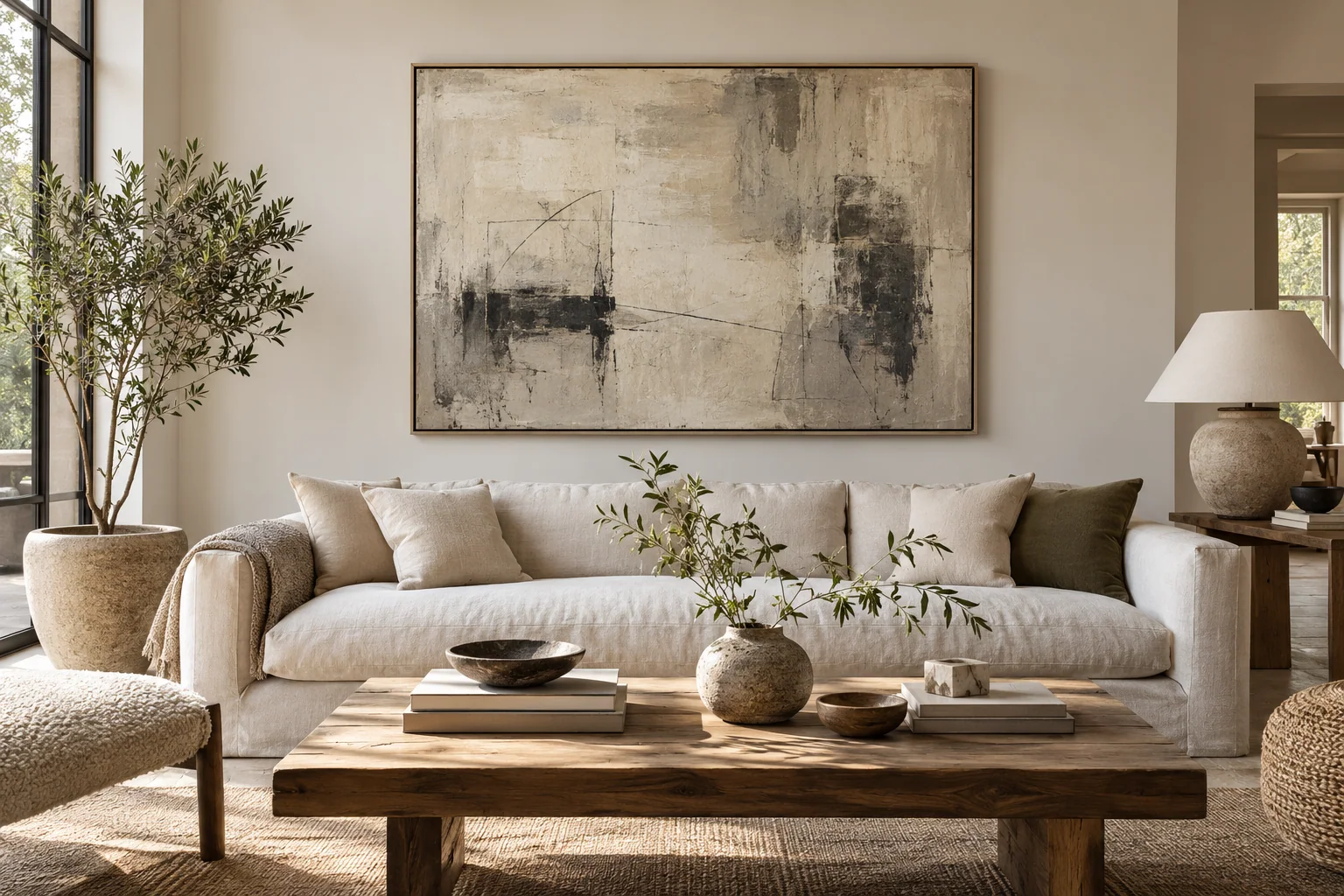 Greige artwork with visible dark accents above a sofa