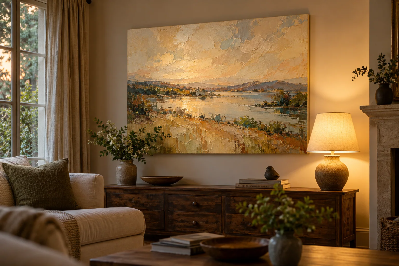 Ivory textured artwork under warm evening light