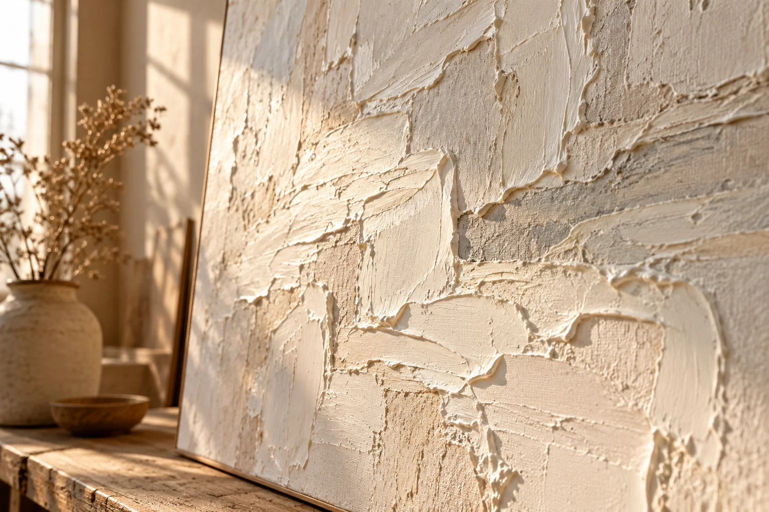 Paint ridges cast shadows in warm light