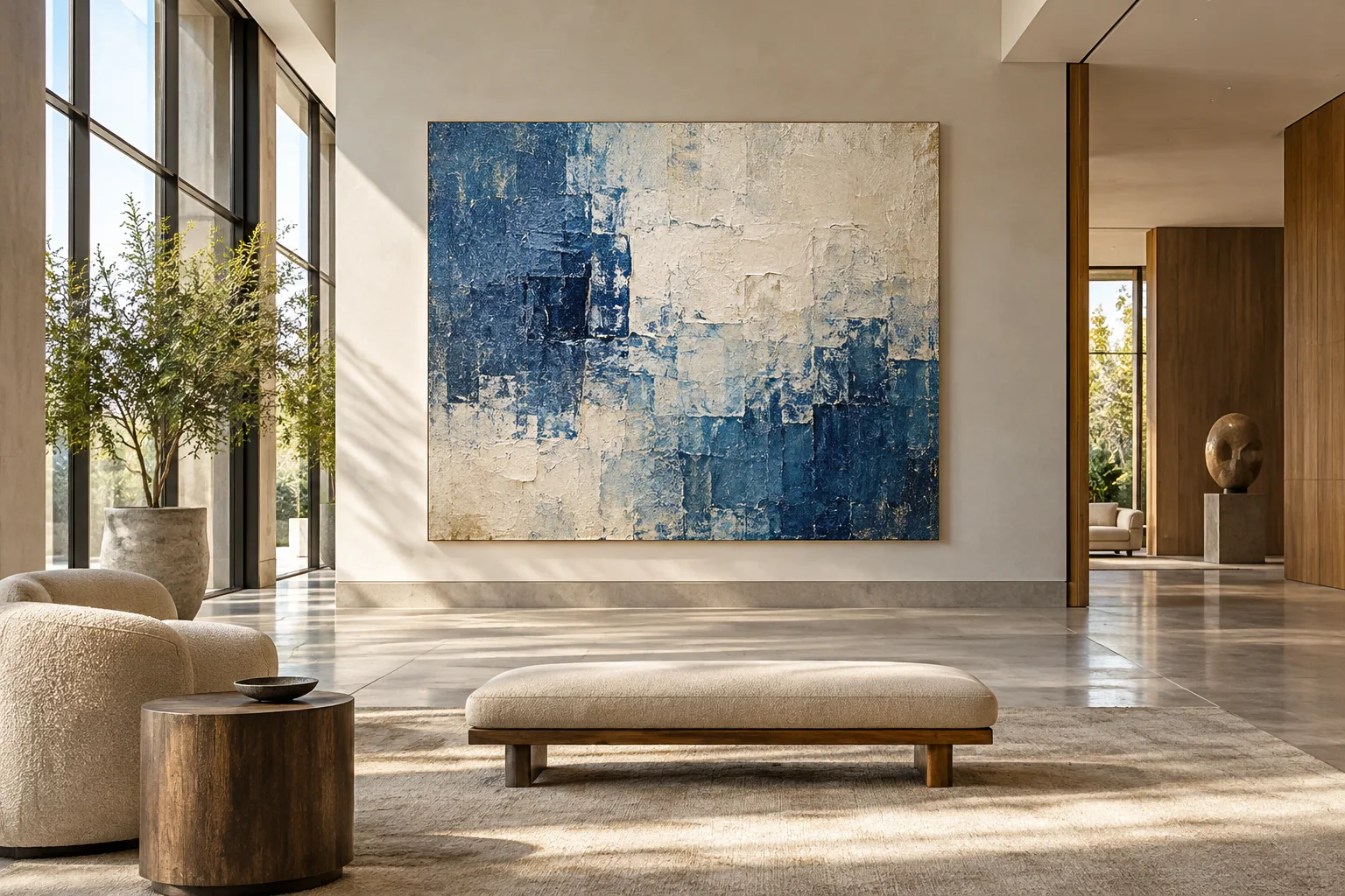 Textured artwork viewed across an airy room