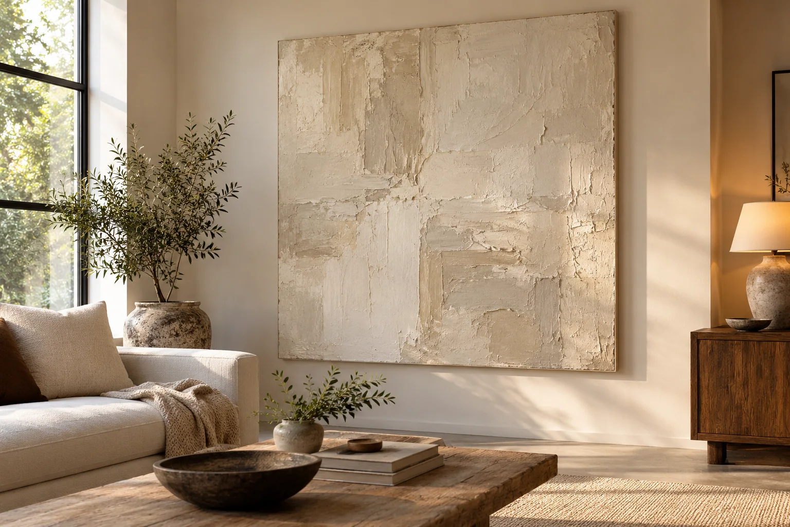 One textured canvas in daylight and a nearby room lamp
