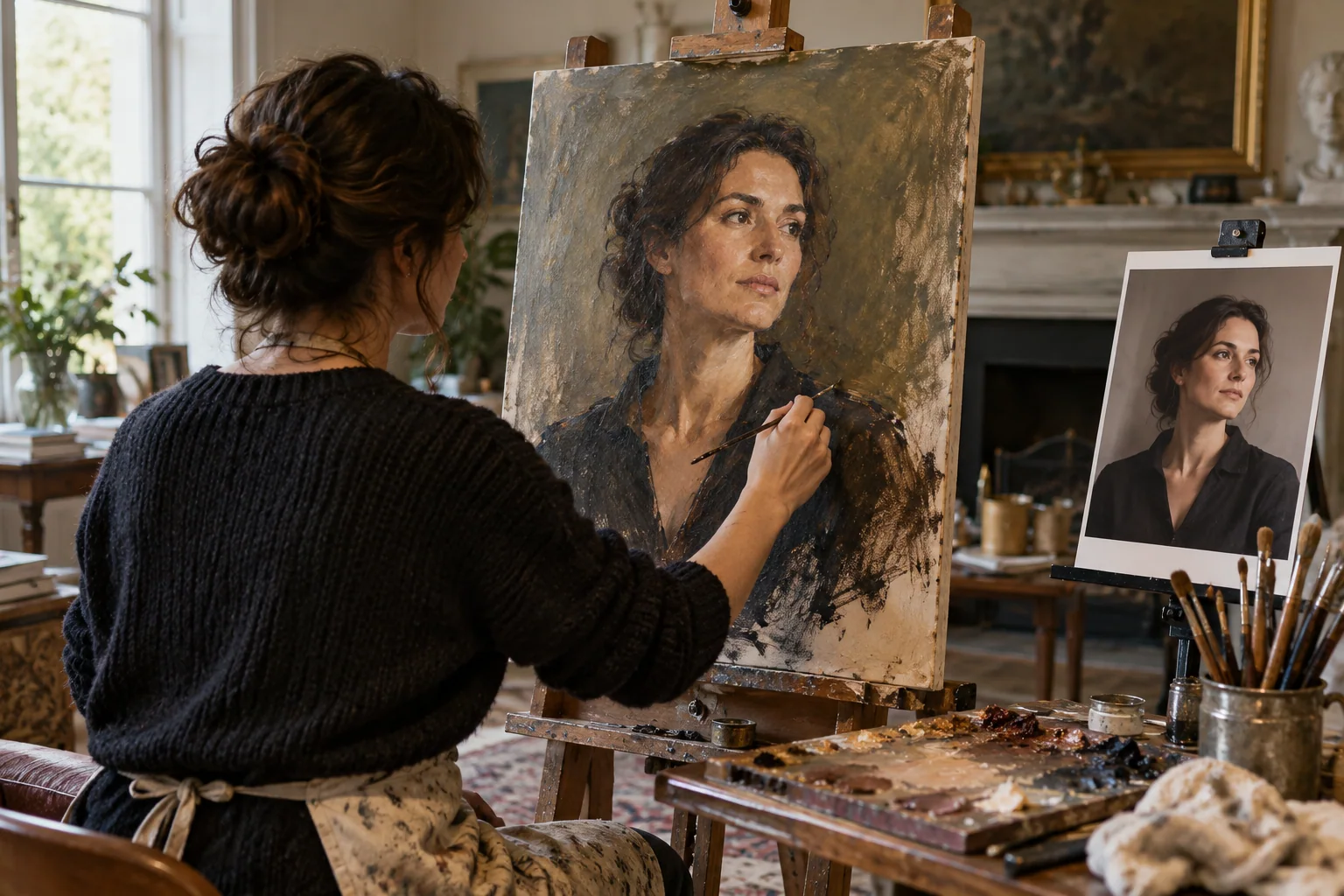 An anonymous artist paints an adult portrait from a reference