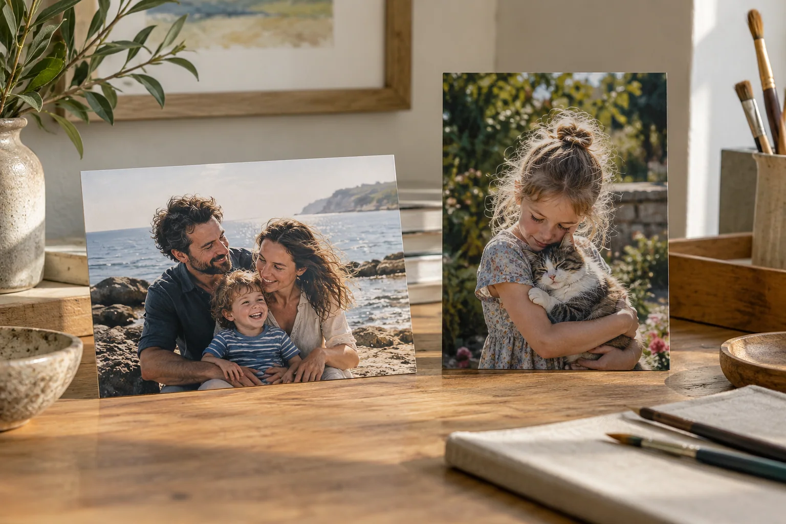 Clear fictional family reference photographs on a desk
