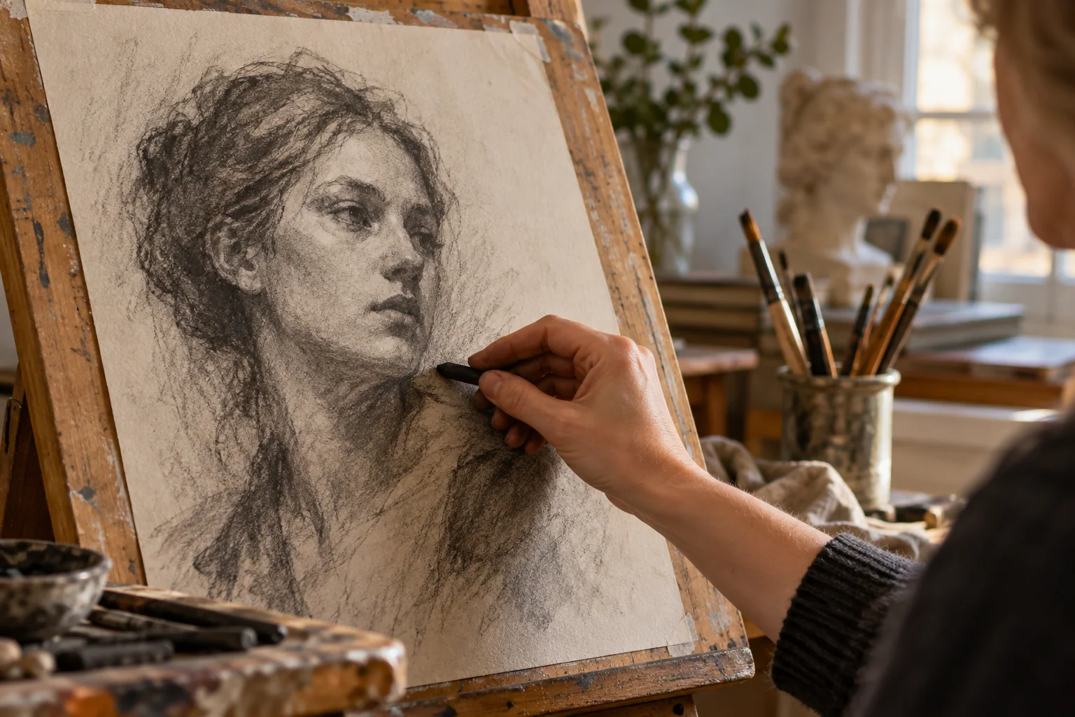 A portrait composition is planned in charcoal