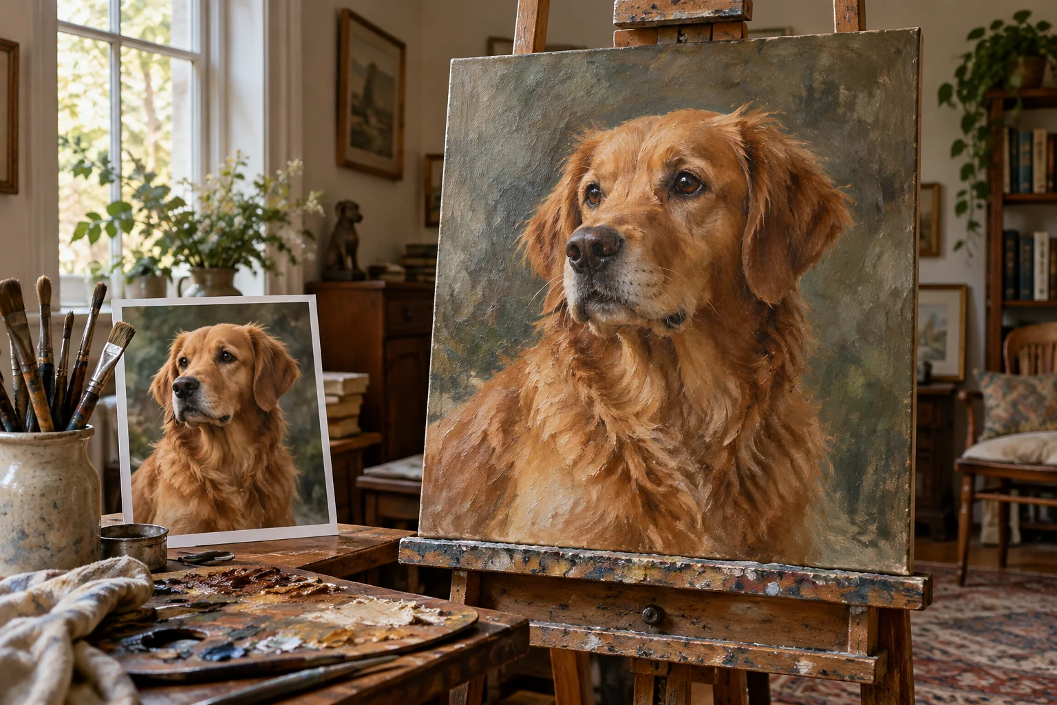 A painted dog portrait stands beside a reference photo