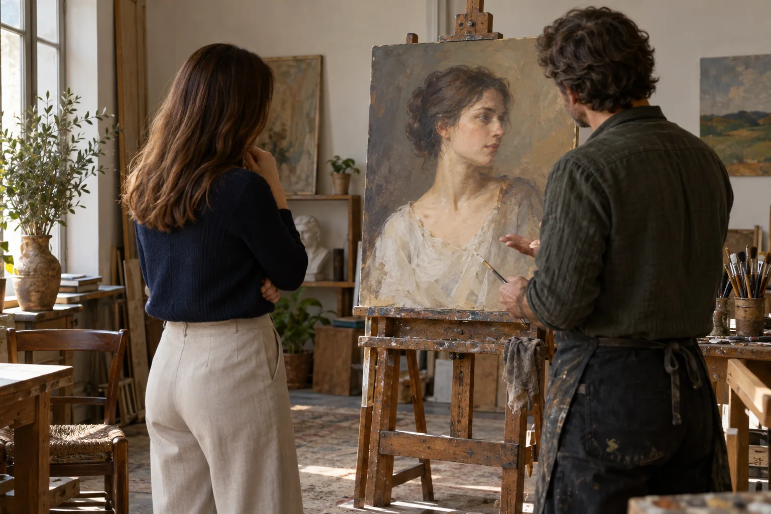 A client and painter review an anonymous portrait together
