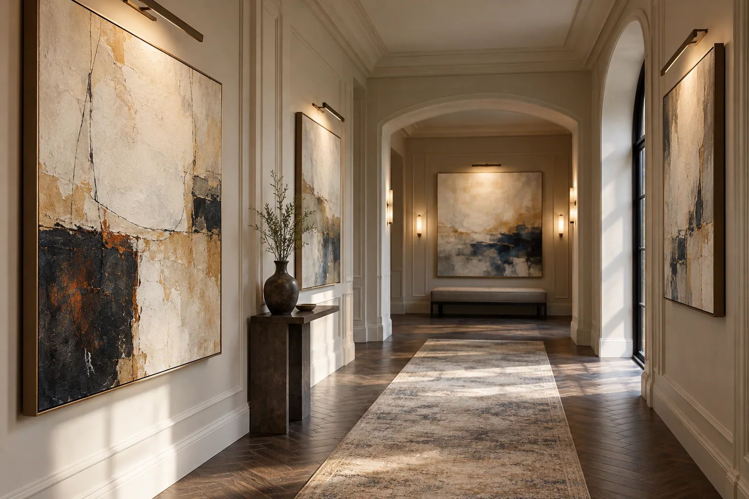 Coordinated artist-made paintings in a hotel corridor