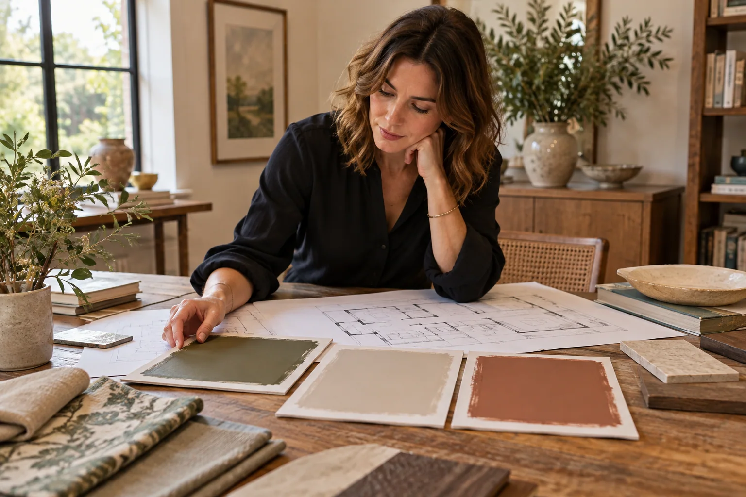 A designer reviews room plans and painting samples