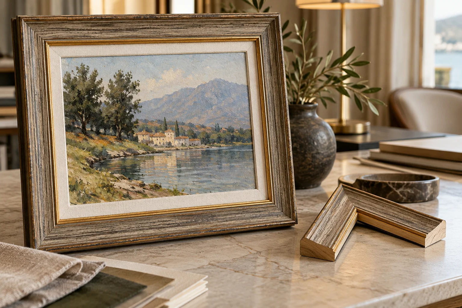 A framed sample and wood profile on a design table