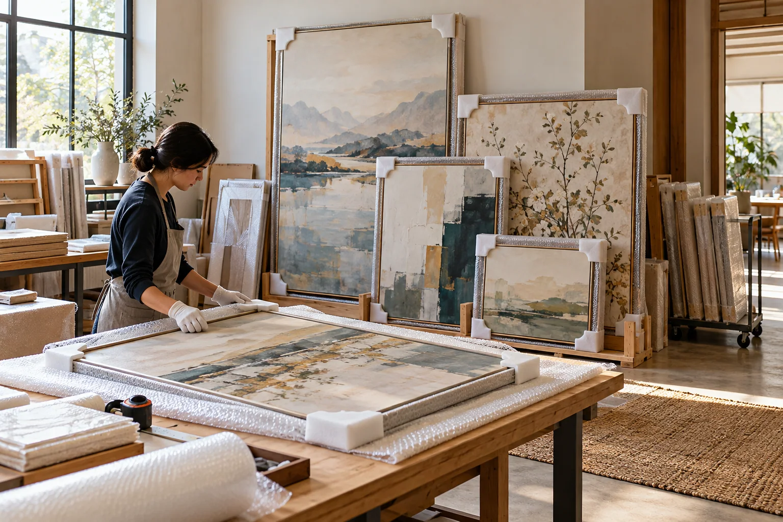 Hotel artworks are organized at a packing and review station