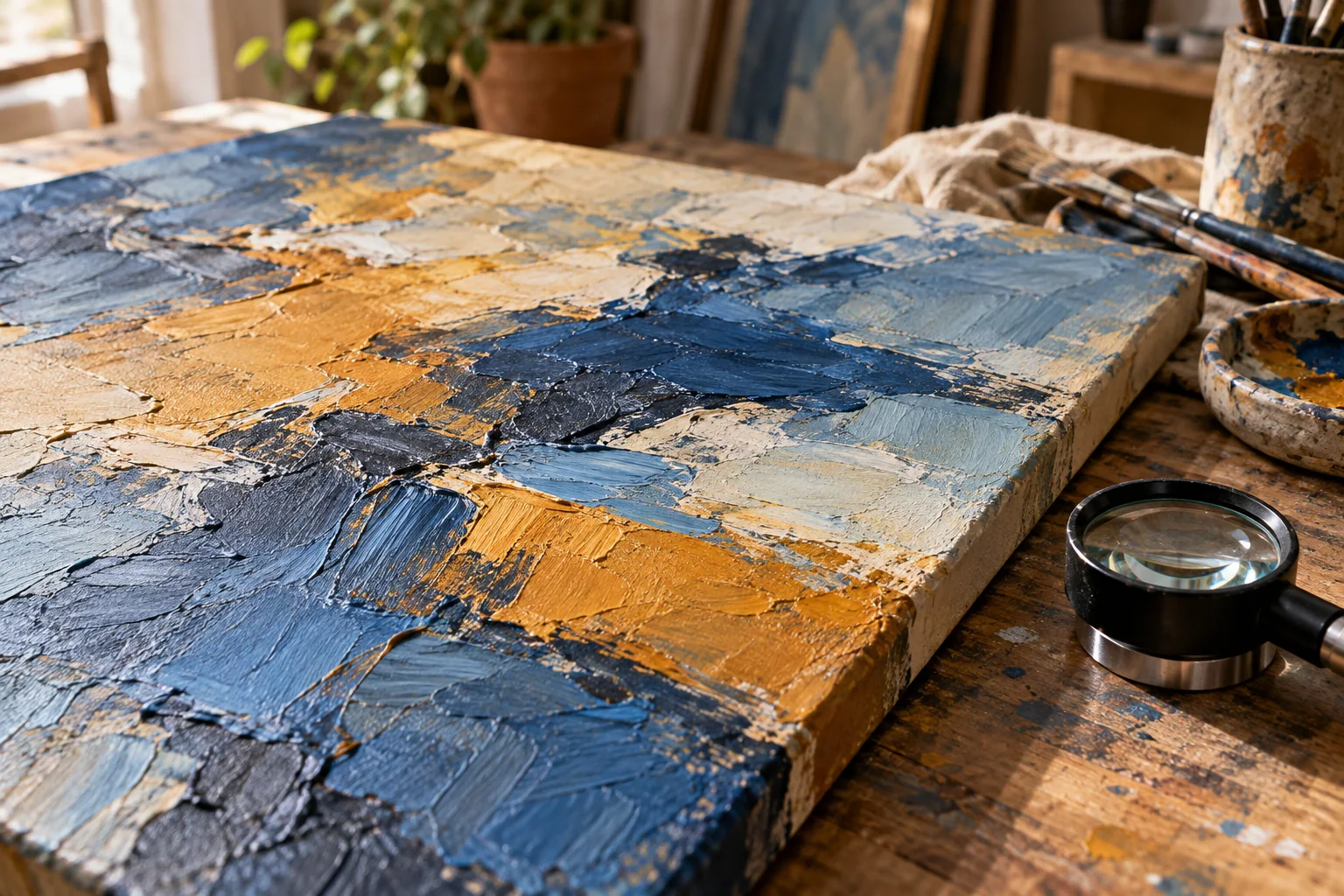 Paint ridges on an abstract canvas beside a viewing loupe