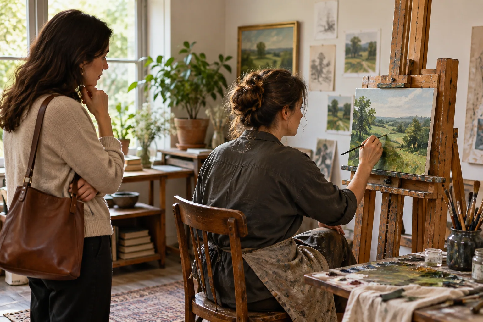 A buyer reviews an artist at an easel