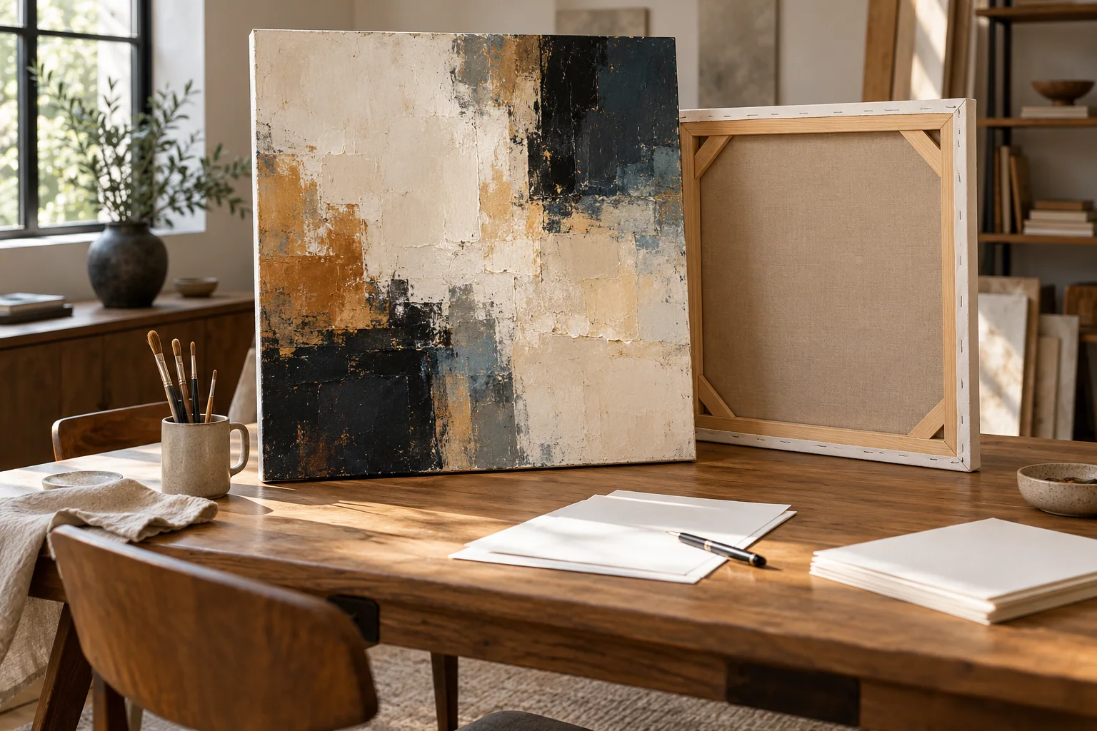 An artwork and its order-review materials on a desk