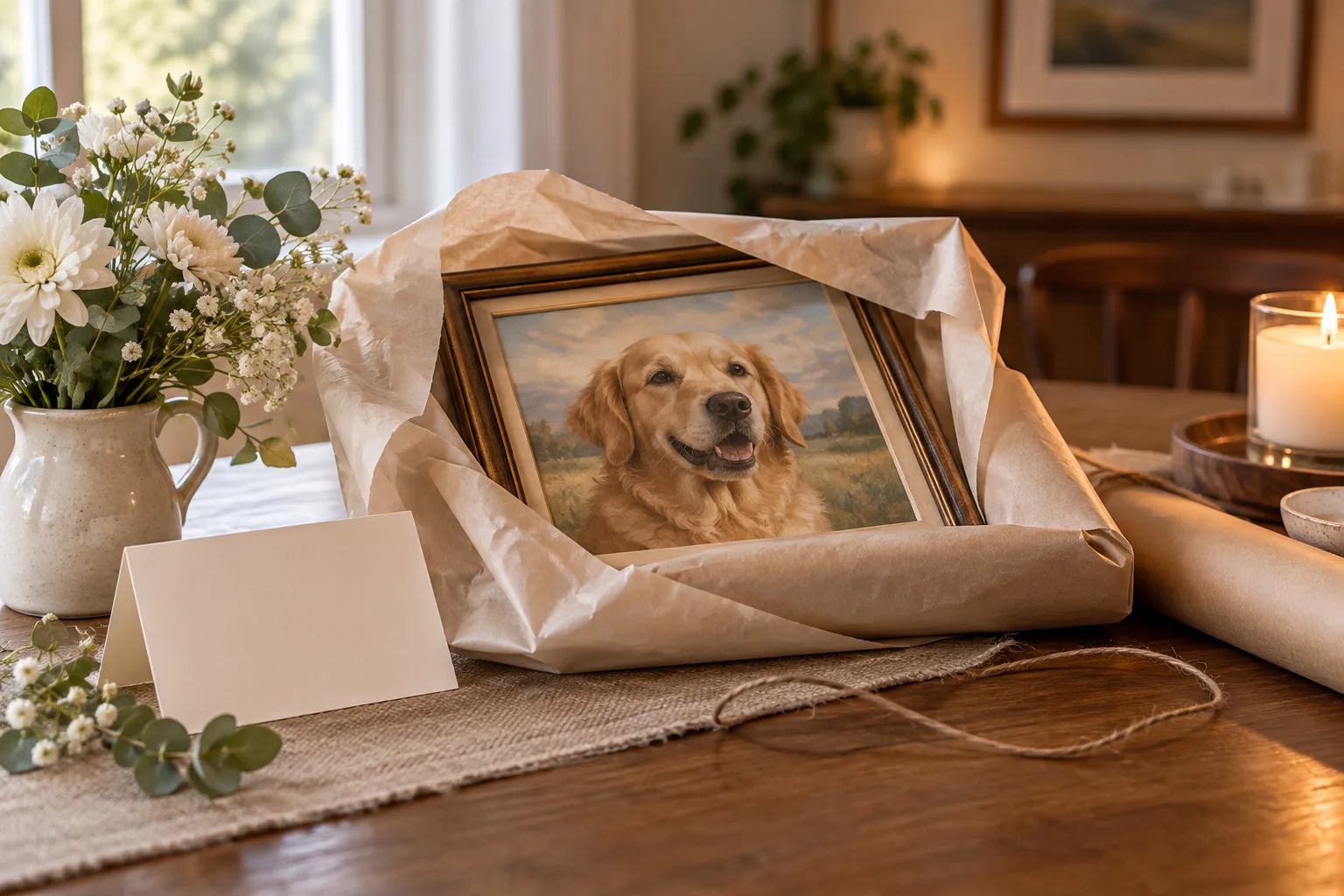 Illustrative pet memorial portrait gift in plain wrapping with a blank card