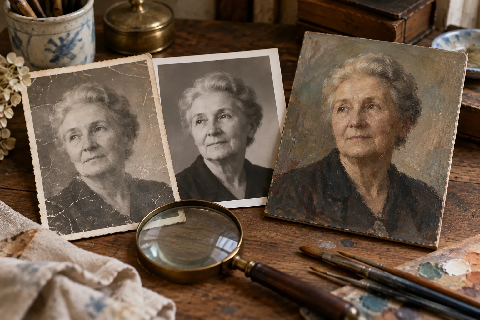 Faded fictional portrait photograph beside a soft painted interpretation