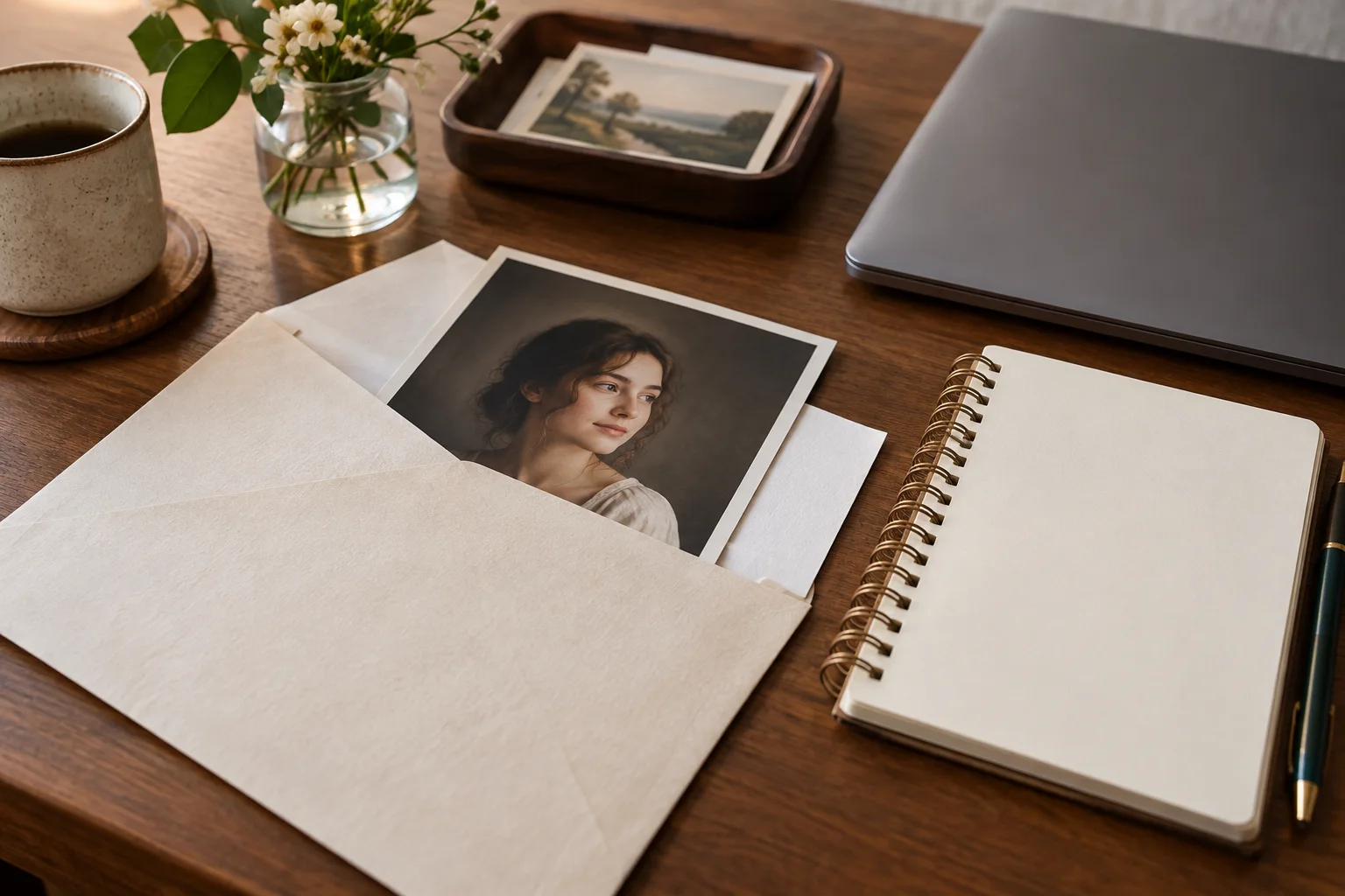 Fictional portrait photograph, envelope and notebook for a privacy discussion