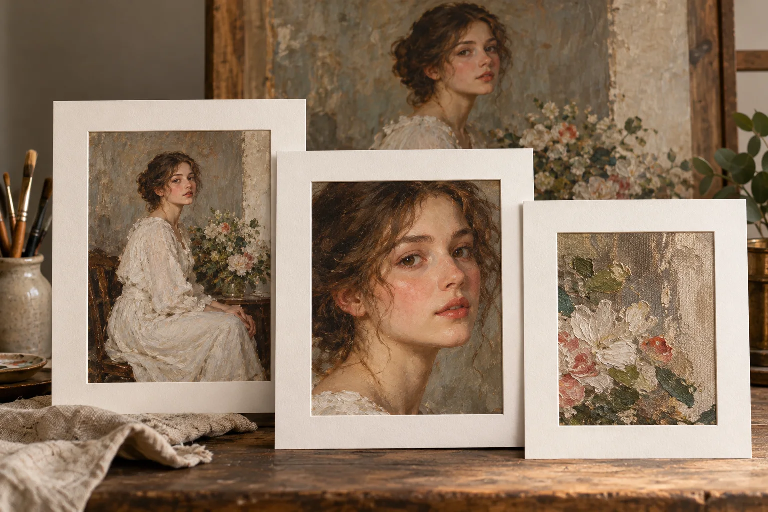 Paper window mats comparing crops of a fictional portrait image