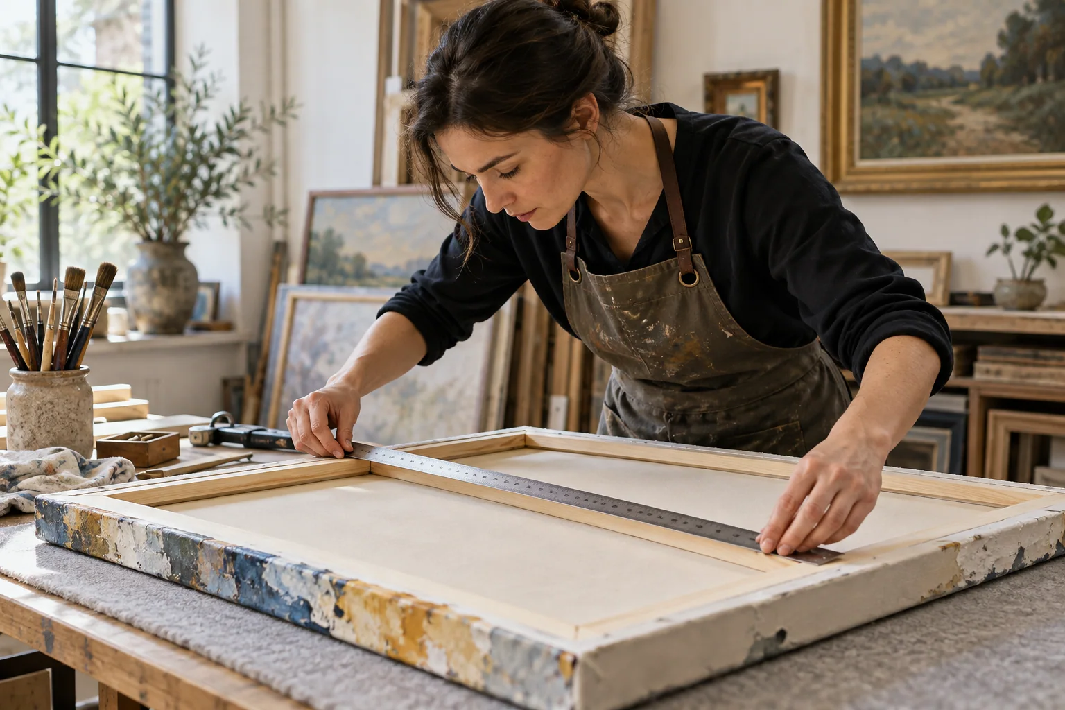 A framer checks the stretching margin of a canvas