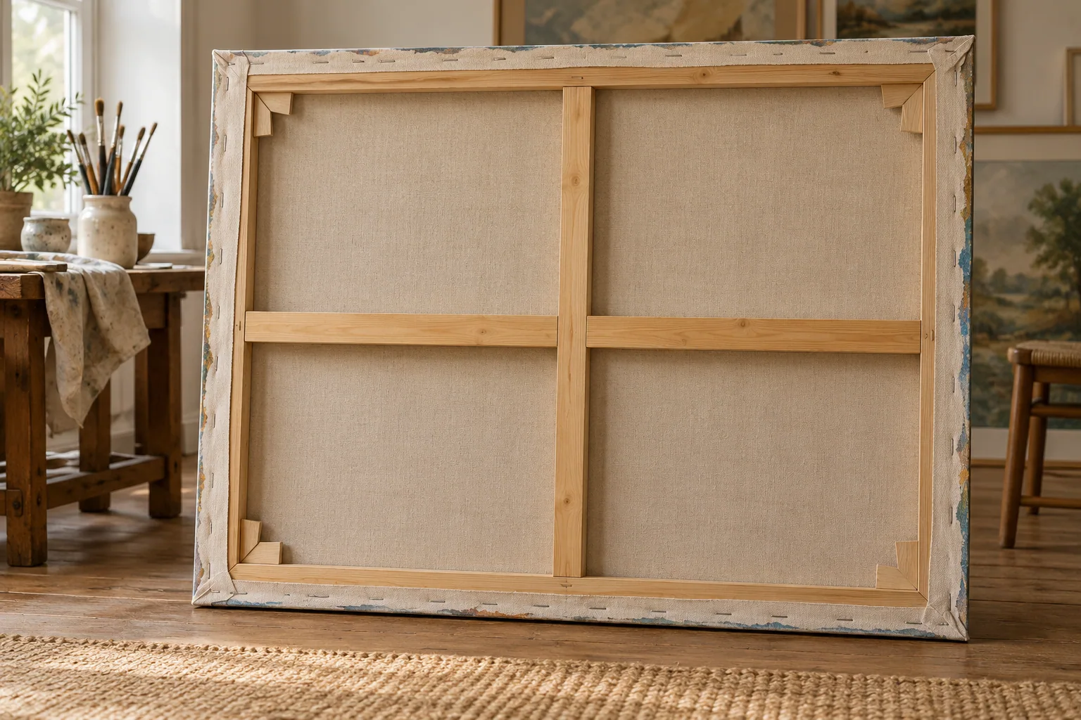 The back of a carefully stretched painted canvas