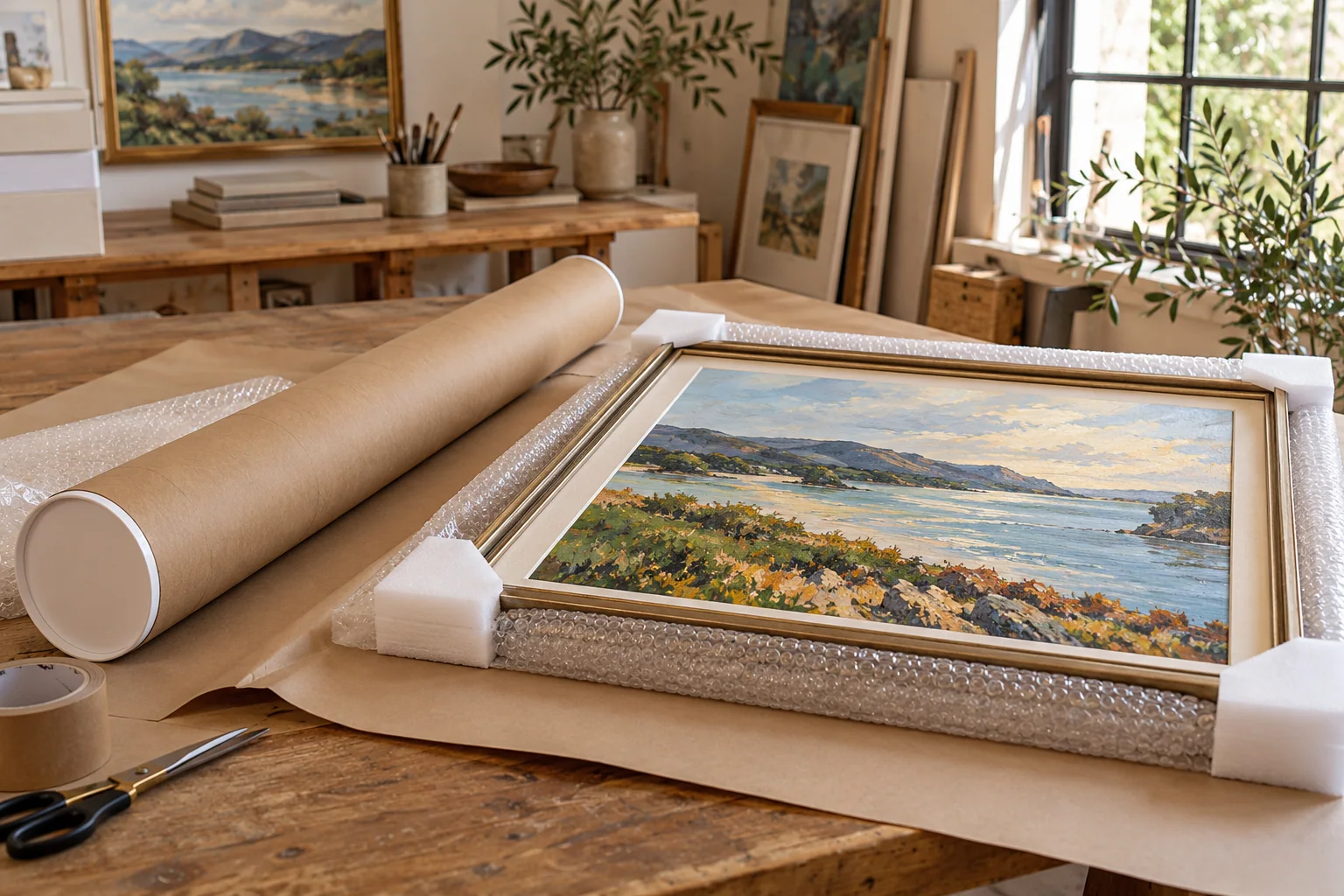 A canvas tube and protected framed painting await delivery