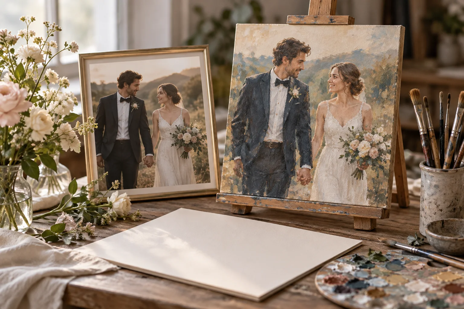 Fictional wedding photograph and painted couple study with a preserved hand gesture