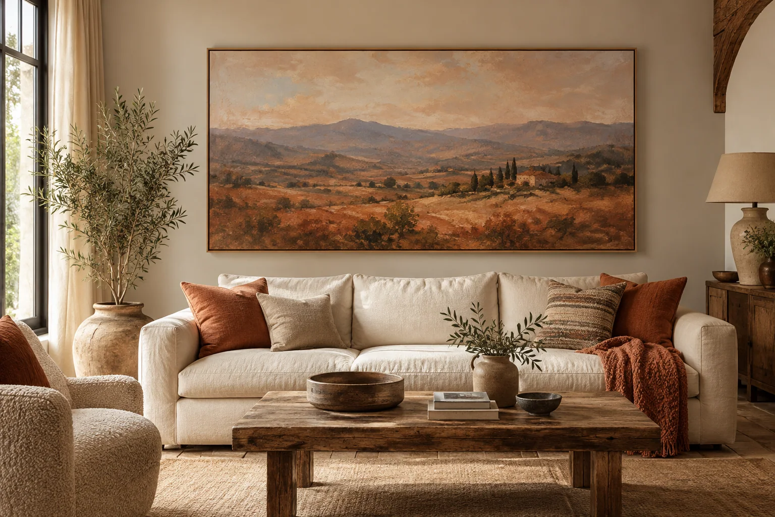 A wide painting arranged above a cream sofa