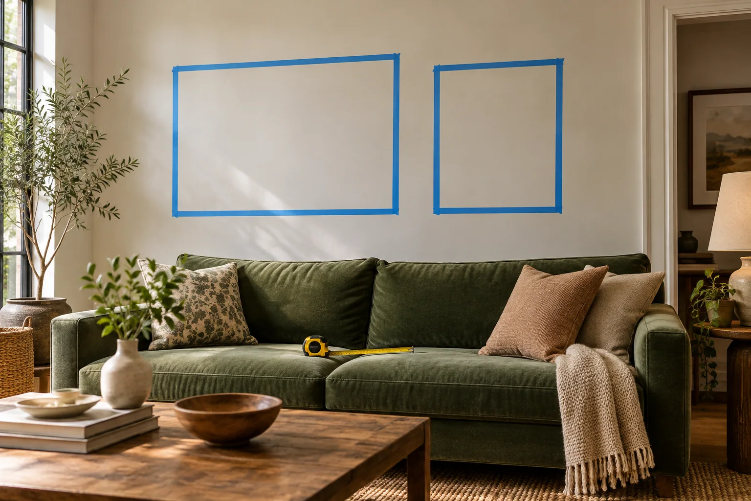 Tape outlines compare artwork sizes above a sofa