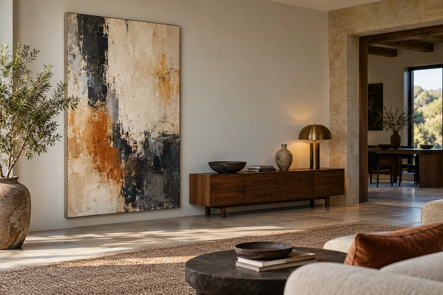 Artwork and furniture balance in a room with a doorway