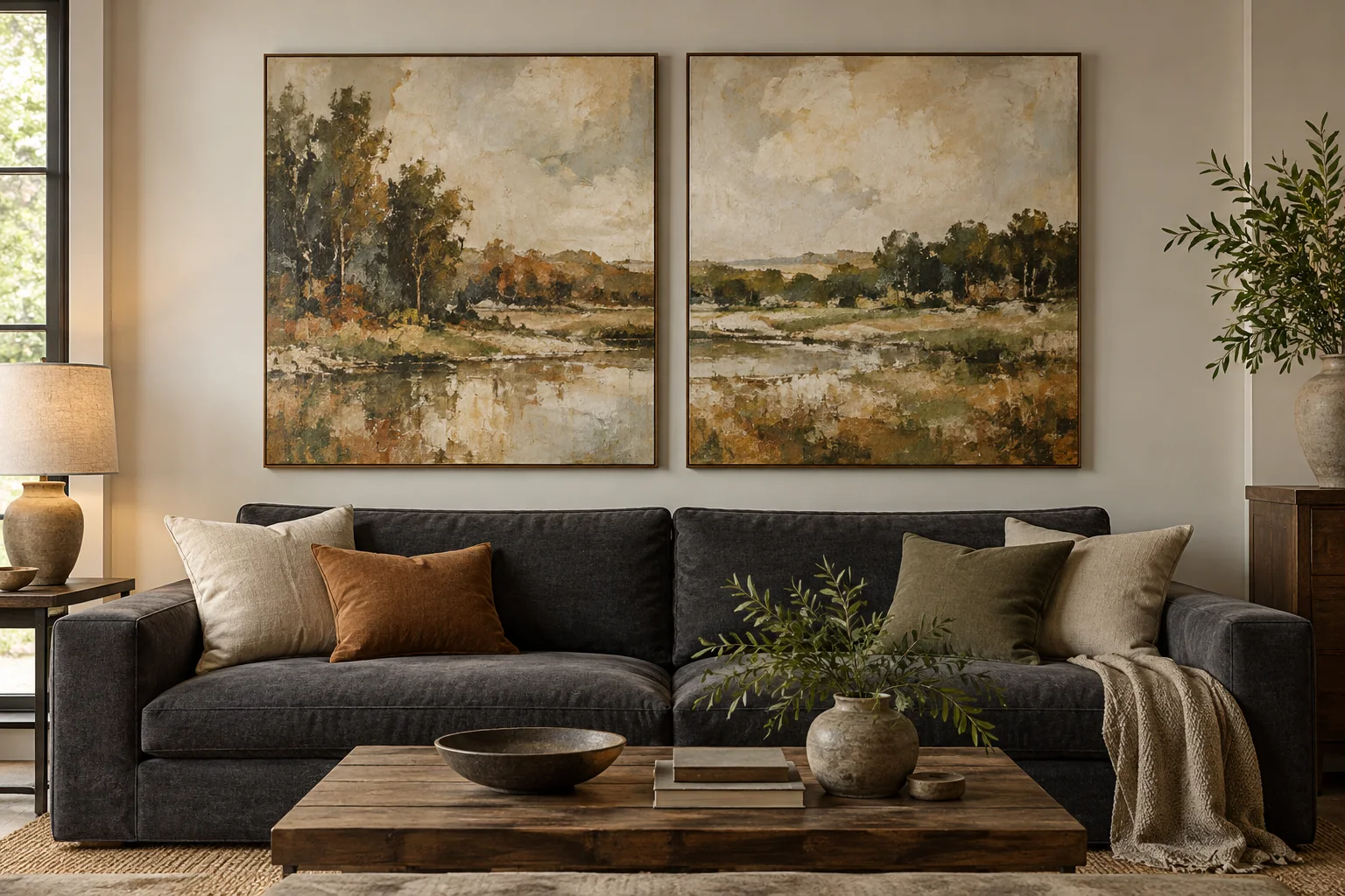 A paired painting arrangement with deliberate spacing