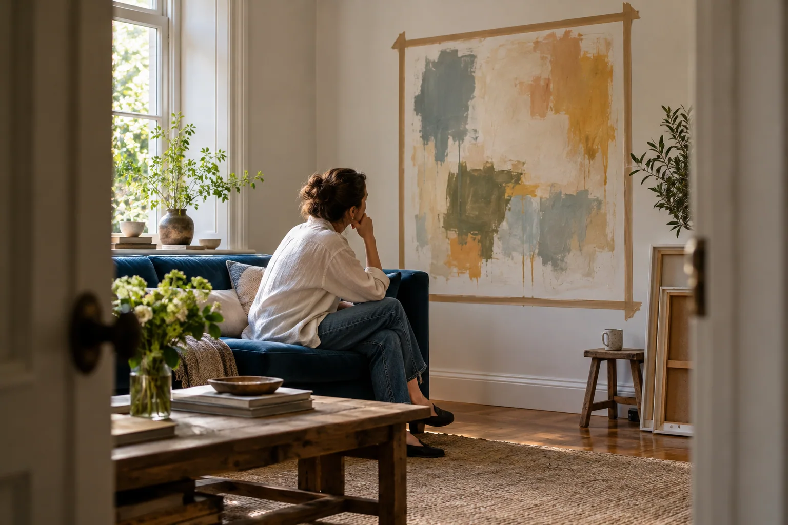 A buyer checks a taped outline from a seated viewpoint