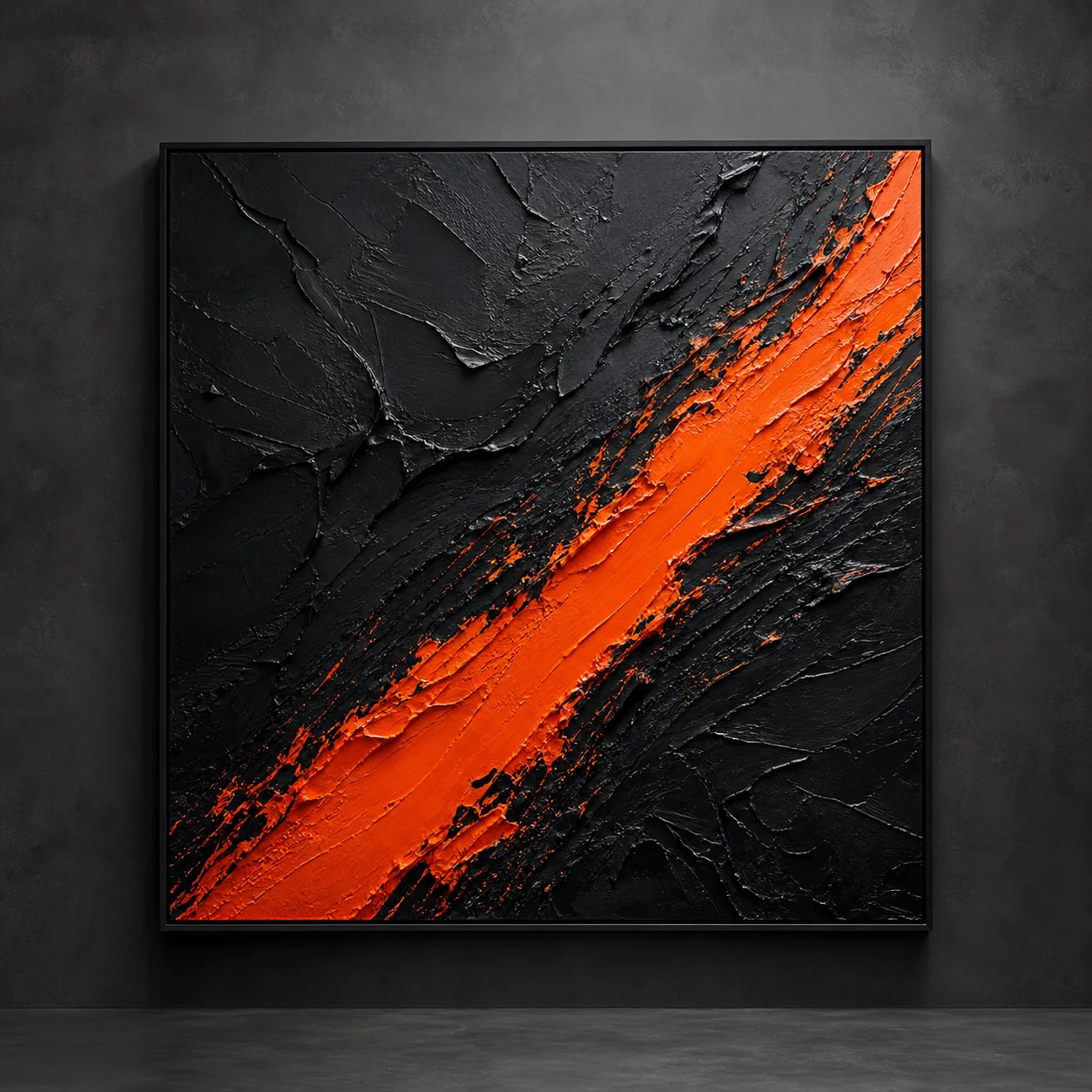 Macro-like orange and black heavy impasto artwork