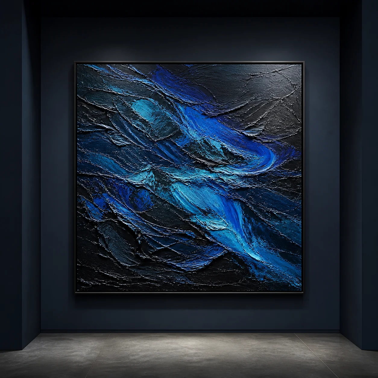Deep blue abstract art in a dark architectural gallery