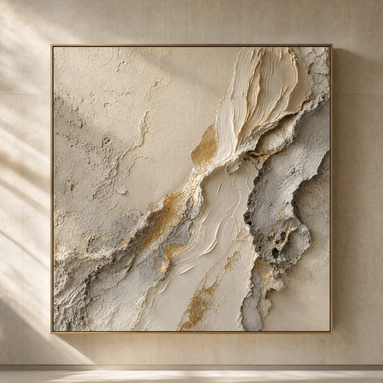 Neutral ivory and gold textured art for calm interiors