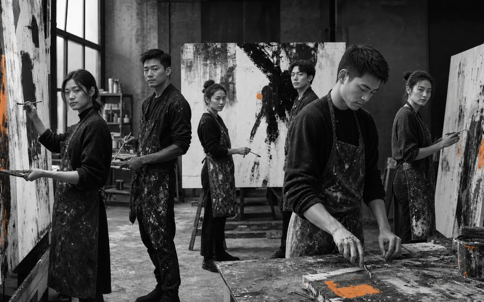 Asian artists working in a contemporary Xiamen studio