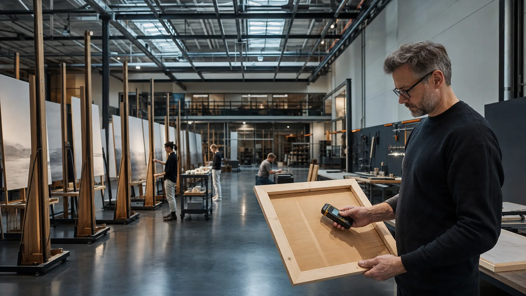 Asian studio team inspecting a hand-painted oil painting