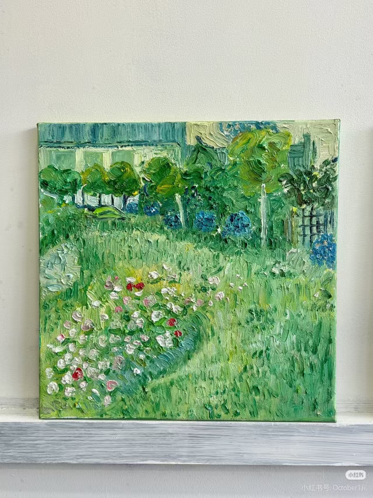 Detail of a blue and gold hand-painted artwork